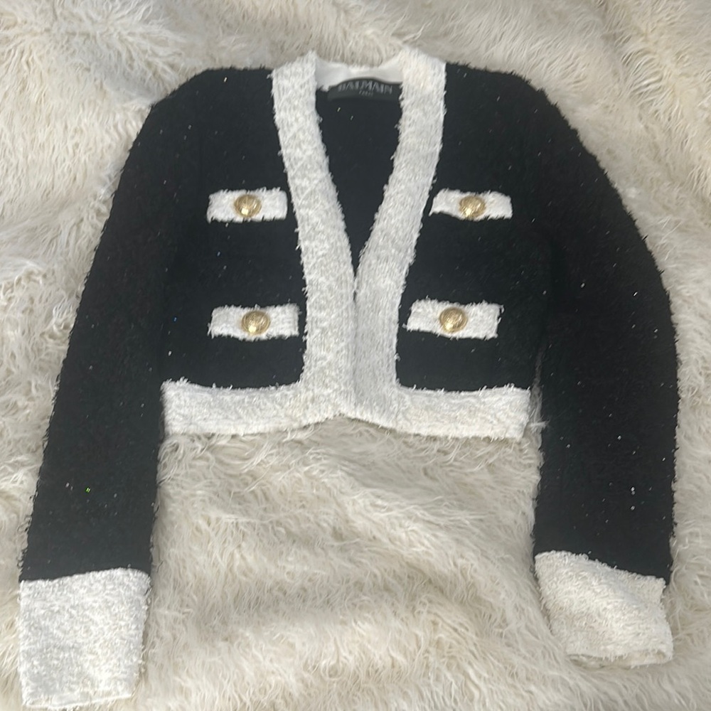 Balmain Black and White Textured Tweed Jacket